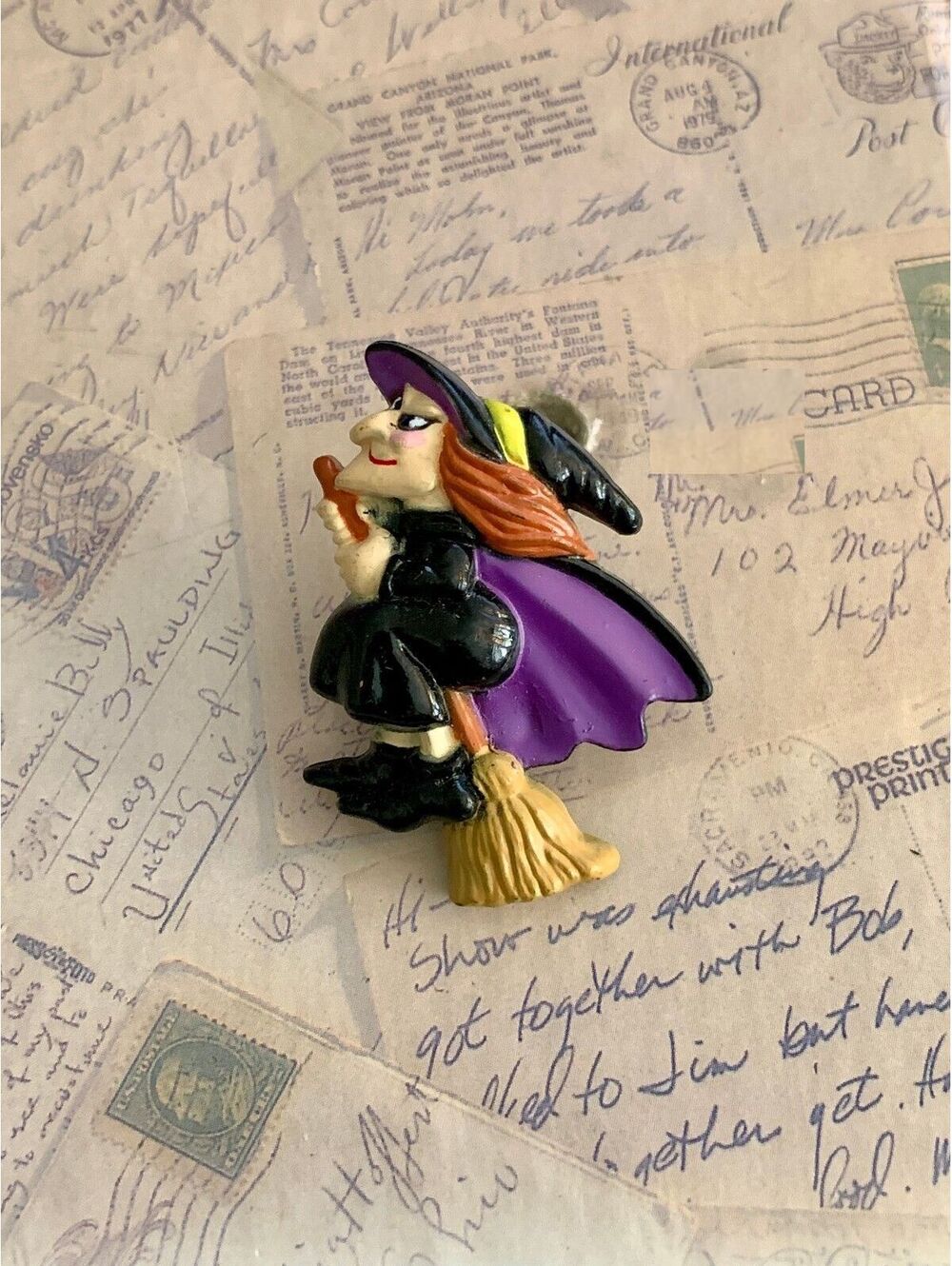 Vintage Made in Hong Kong Witch Brooch Purple Cape Broomstick Pin Halloween